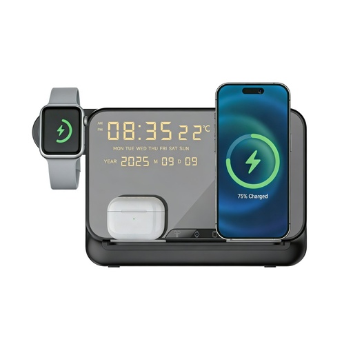 FAROS @memorii 5 in 1 Wireless Fast Charging Station with Display Clock - Black
