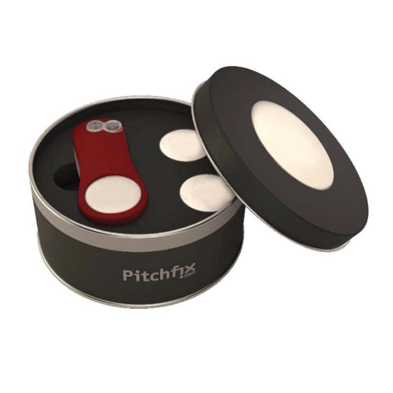 TROMSO - Pitchfix Original 2.0 & 2 Extra Ball Markers in a Round Tin Box - Red