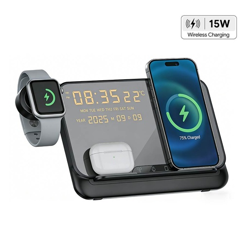 [ITWC 1280] FAROS - @memorii 5 in 1 Wireless Fast Charging Station with Display Clock - Black
