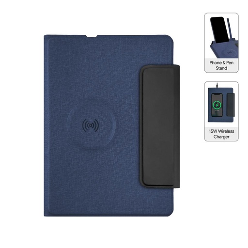 [ITFO 1298] MagFolio - Santhome A5 PU Portfolio with 15W MagSafe Wireless Charger - Navy Blue 